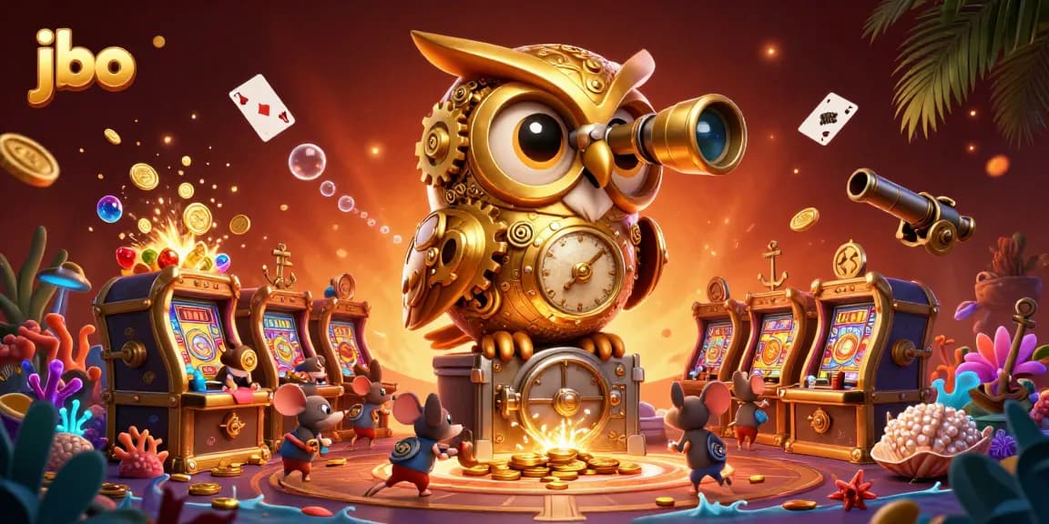Experience immersive gaming at jbo with a captivating scene featuring a golden owl and bustling patrons.