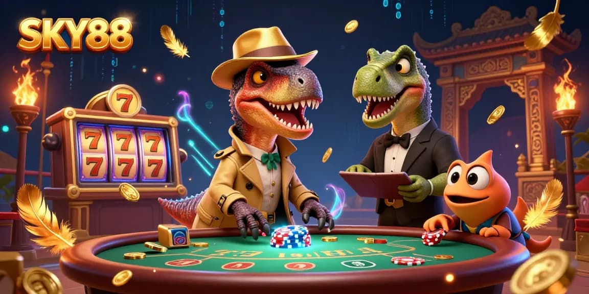 SKY88 captures a vibrant scene of a velociraptor card counter at blackjack, surrounded by dynamic casino elements.