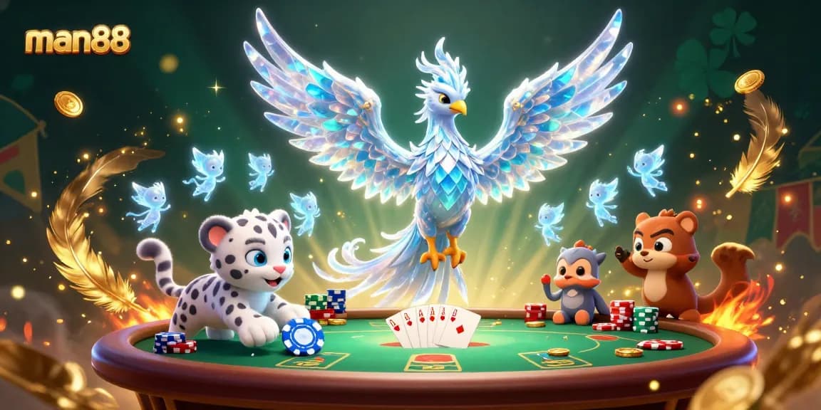 Engage with man88's lively poker scene featuring an ice phoenix and fun characters.