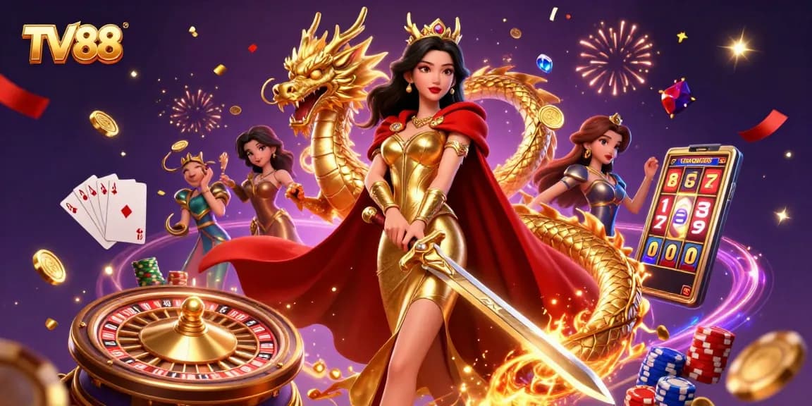 Experience thrilling gameplay at TV88 with a warrior queen and dazzling casino elements.