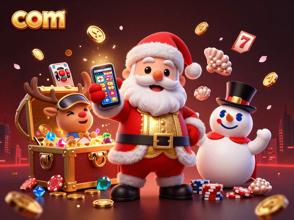 Experience thrilling jackpot slots at com with Santa and friends in a vibrant casino scene.