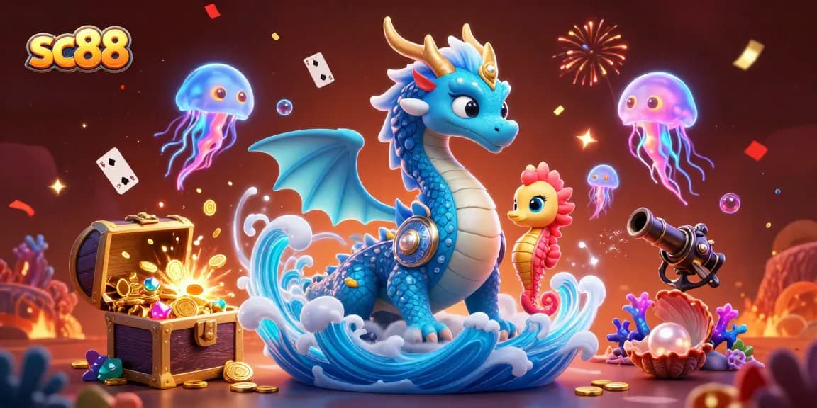 Experience the thrill of sc88 with vibrant underwater casino action featuring a dragon and a seahorse knight.