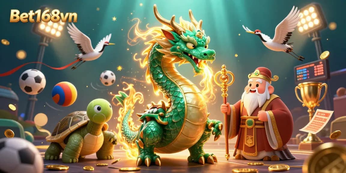 Bet168vn showcases an emerald jade dragon breathing golden fire amidst lucky symbols and dynamic sports elements.