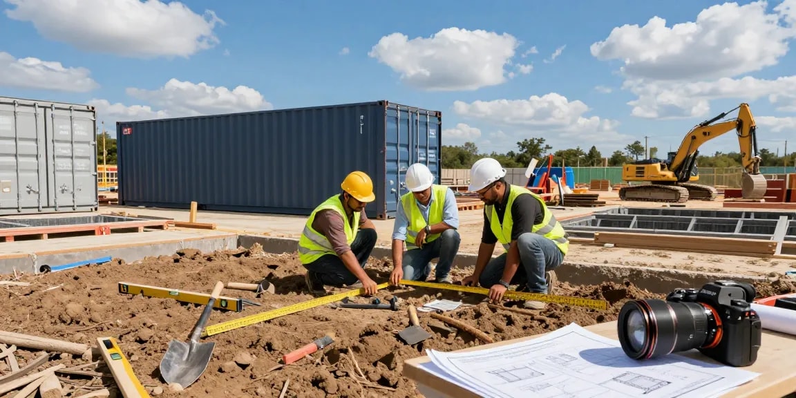 Fundament Container wird auf einer Baustelle vorbereitet, Arbeiter messen und diskutieren Pläne mit Werkzeugen im Hintergrund.