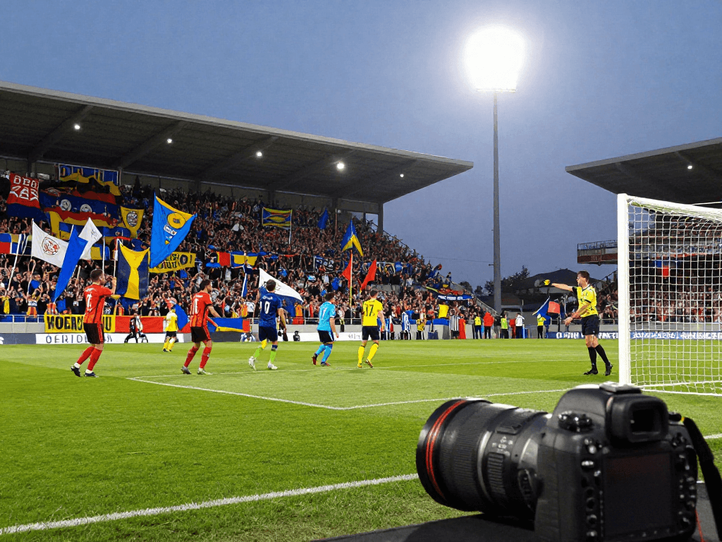 Fußballspiel mit leidenschaftlichen Fans im Stadion, jubelnde Menge.