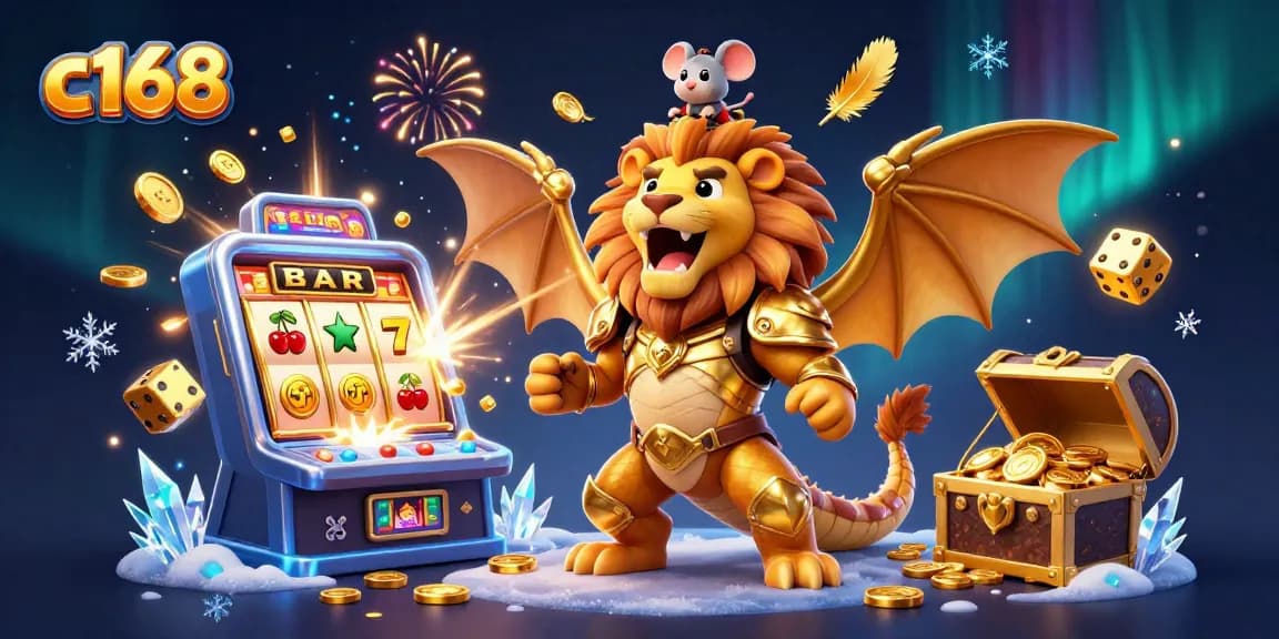 Experience thrilling wins with c168 in this vibrant 3D casino scene showcasing jackpot excitement.