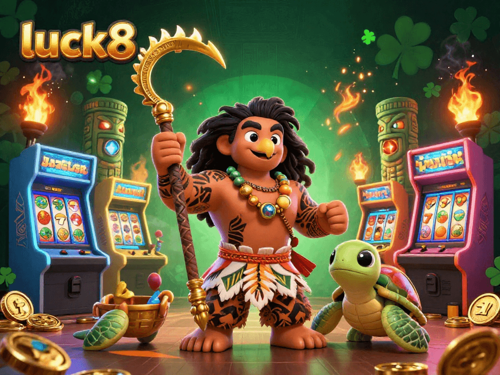 Experience thrilling gameplay at luck8 with a vibrant polynesian-themed casino scene filled with exciting game elements.