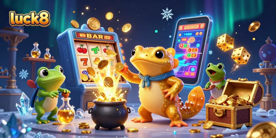 Experience luck8's virtual casino magic with golden salamanders and jackpot excitement in a vibrant 3D scene.