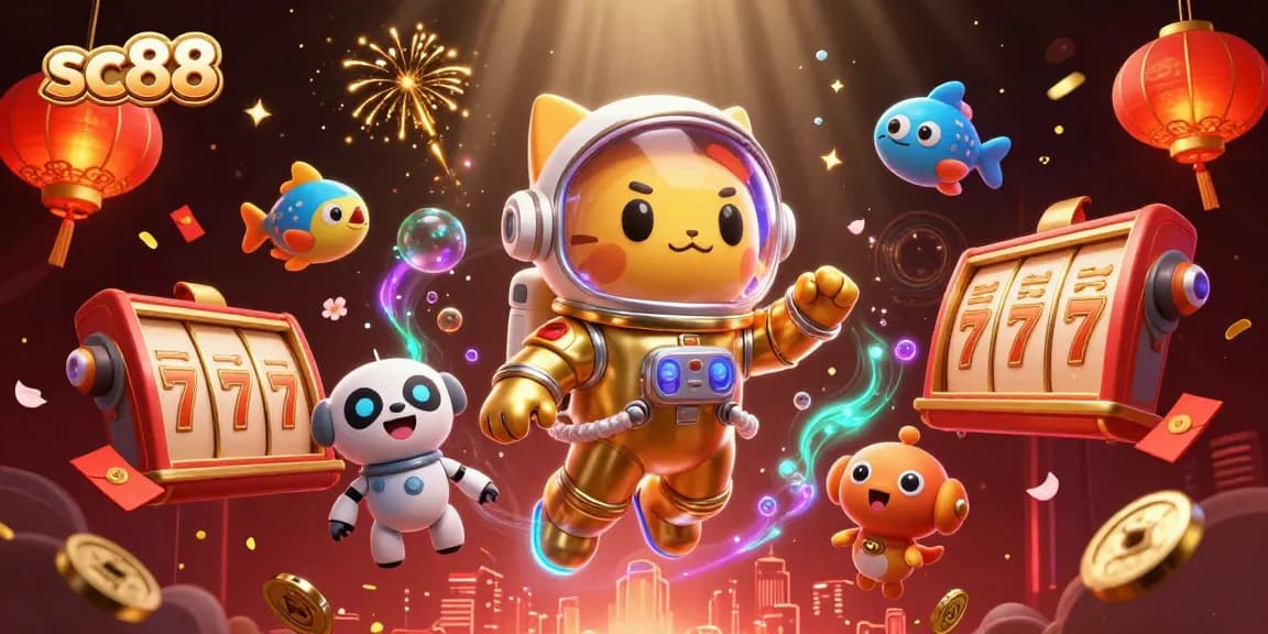 Engage with sc88's vibrant 3D casino scene featuring a golden cat astronaut, robot dog, and lively gambling elements.