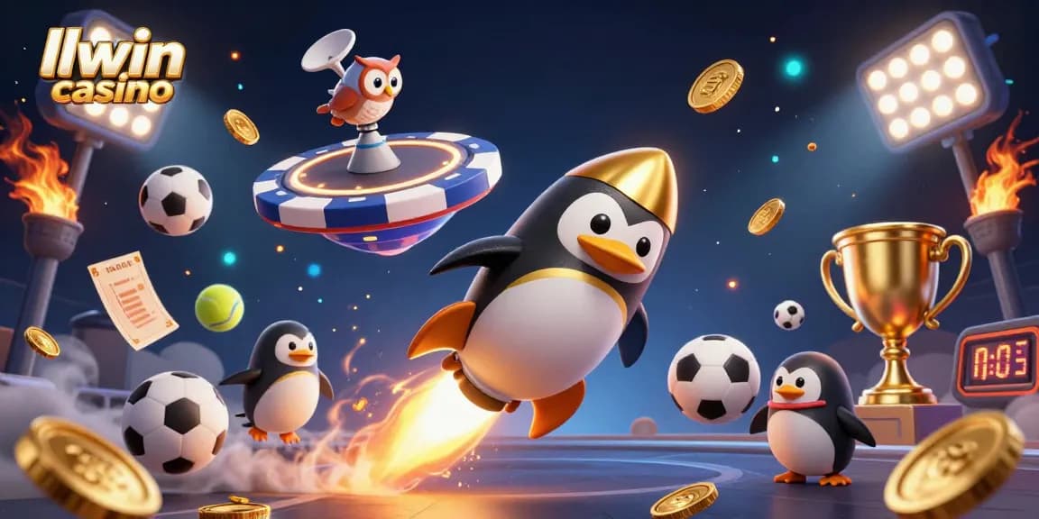 Experience the excitement of llwin casino with a dynamic golden penguin soaring past casino space elements.