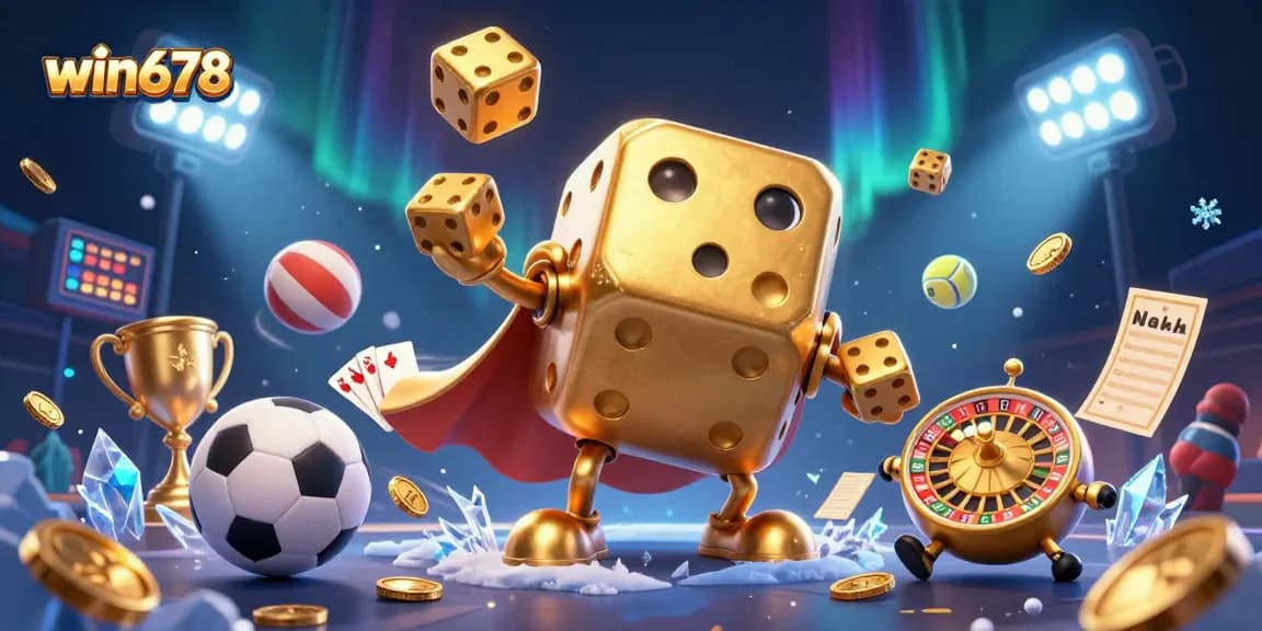 An interactive win678 gaming scene showcasing a golden dice golem with dynamic elements of sports balls, betting slips, and a dazzling casino backdrop.