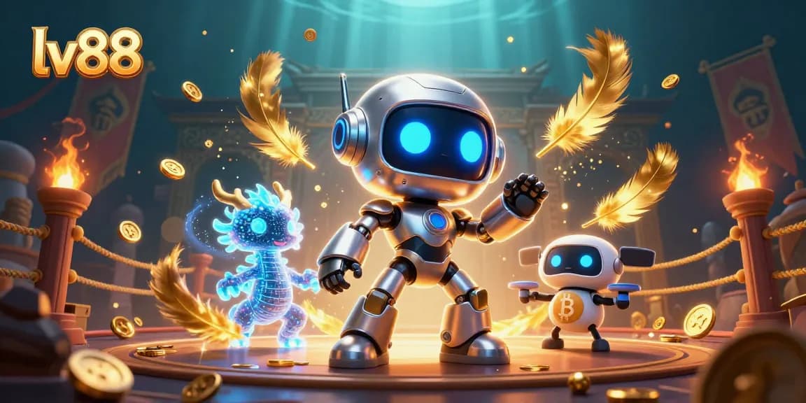 Engage in thrilling lv88 casino adventures with our vibrant 3D illustration featuring unique robotic and magical companions.
