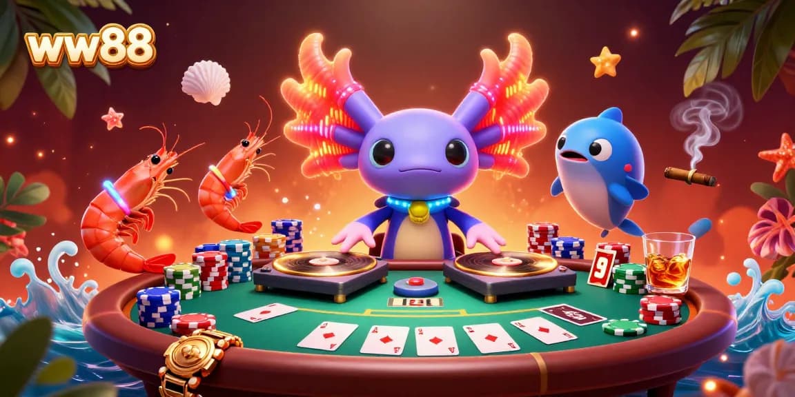 Experience thrilling gameplay at ww88 with a dynamic scene featuring a vibrant DJ axolotl and casino elements.