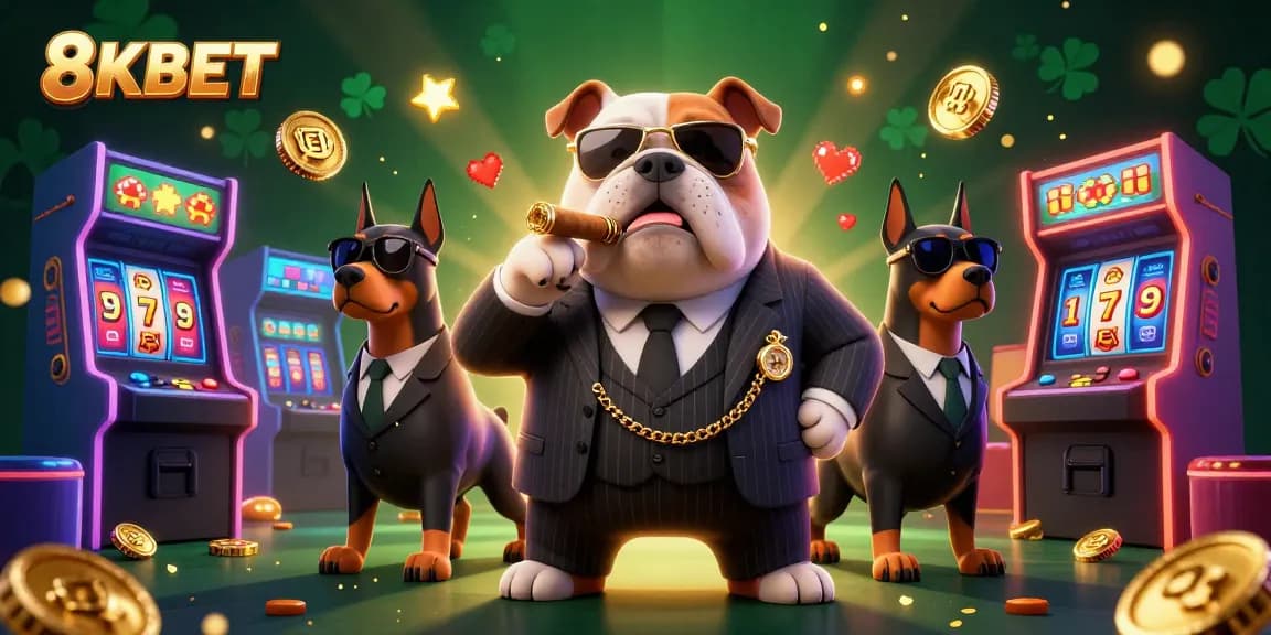 Experience thrilling gameplay at 8KBET with cartoon mafia characters amid vibrant casino gaming elements.