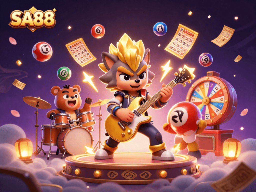 Win big at SA88 with a thrilling scene featuring rock star characters and dynamic gambling elements.
