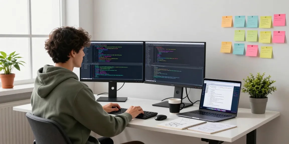 Innovative coding workspace at https://sc88.chat/ with dual monitors, coffee mug, and vibrant atmosphere.