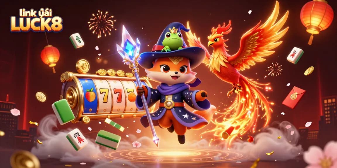Experience the thrill of link vào LUCK8 with this dynamic illustration showcasing a wizard, phoenix, and enchanted frog in a vibrant casino setting.