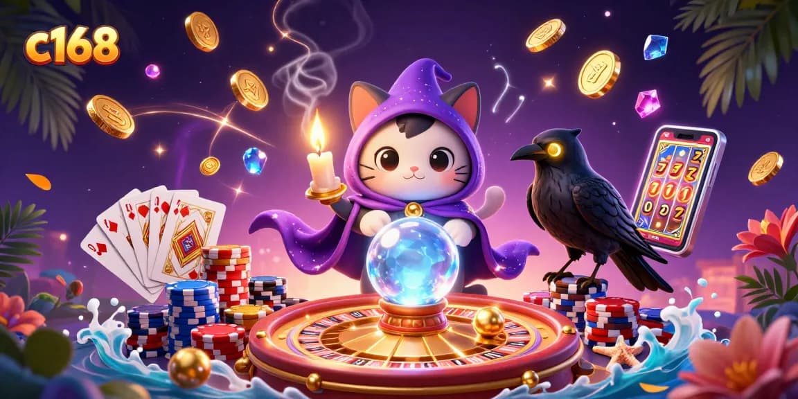 c168 players enjoying a thrilling casino experience with a mystic cat and glowing raven among vibrant game elements.