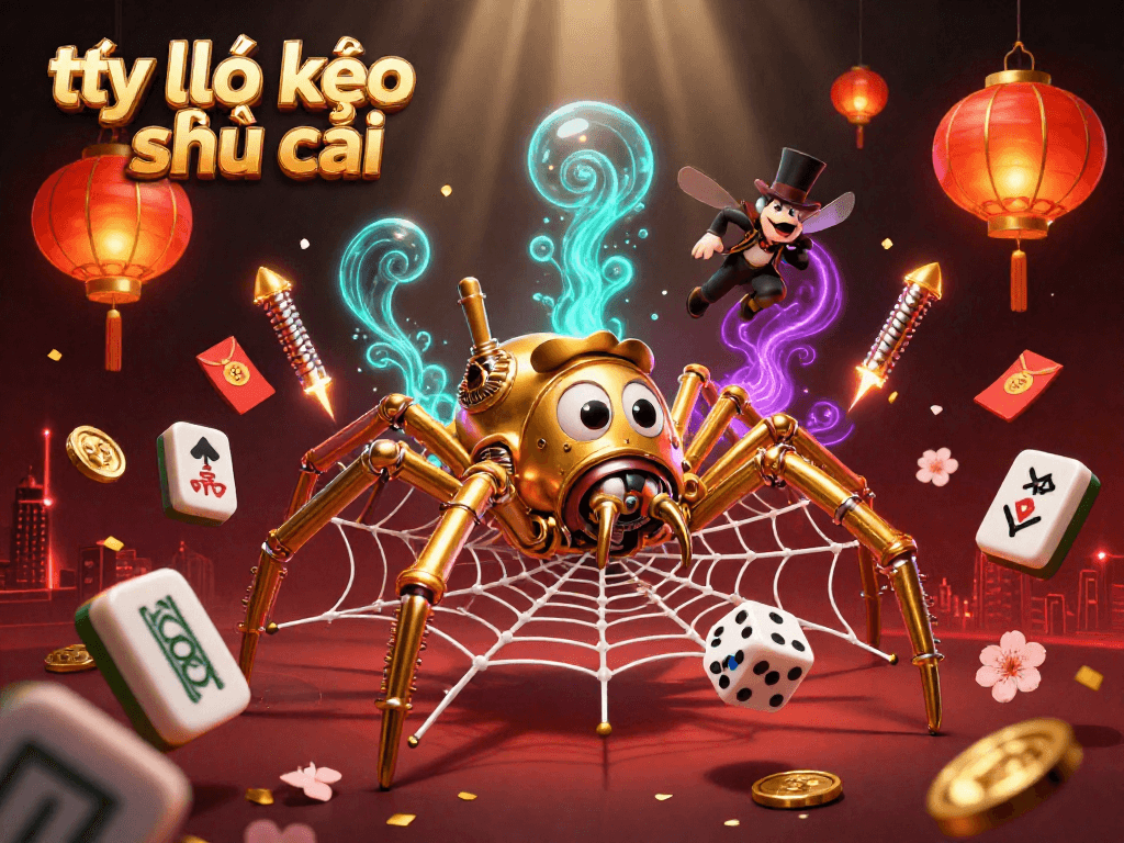 Visualize the tỷ lệ kèo nhà cái depicted through a 3D steampunk spider webbing winning outcomes in a dynamic casino scene.