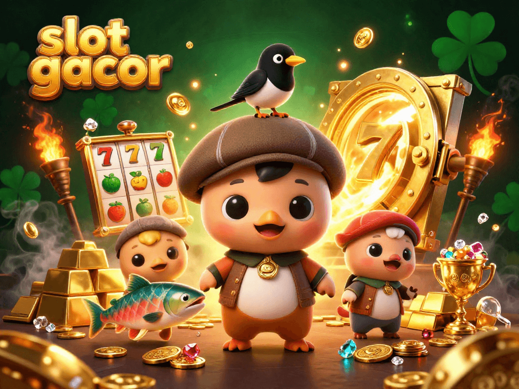 Experience the thrill of slot gacor with vibrant characters and dazzling gold treasures in this 3D casino illustration.