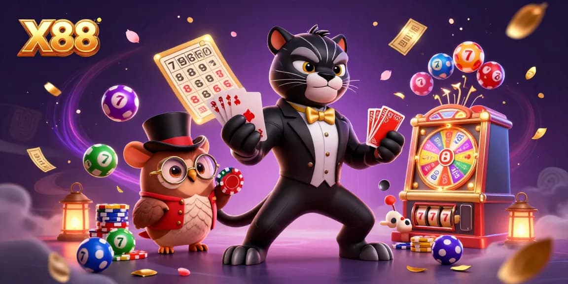 X88 inspires players with a lively casino scene filled with colorful balls and excited characters.