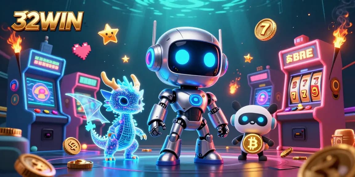 Engage with 32WIN's vibrant gaming universe featuring a cyberpunk mascot, AI dragon, and bitcoin drone.
