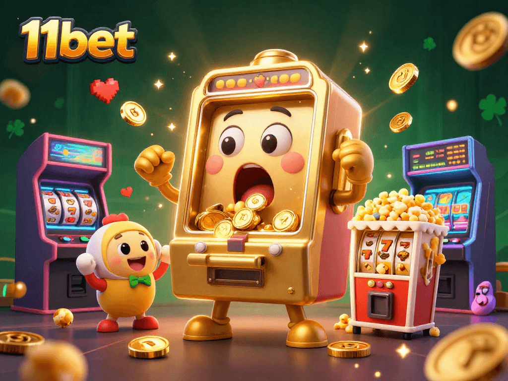 Experience the excitement of 11bet with a cartoon golden slot machine hitting a jackpot, coins flying everywhere.