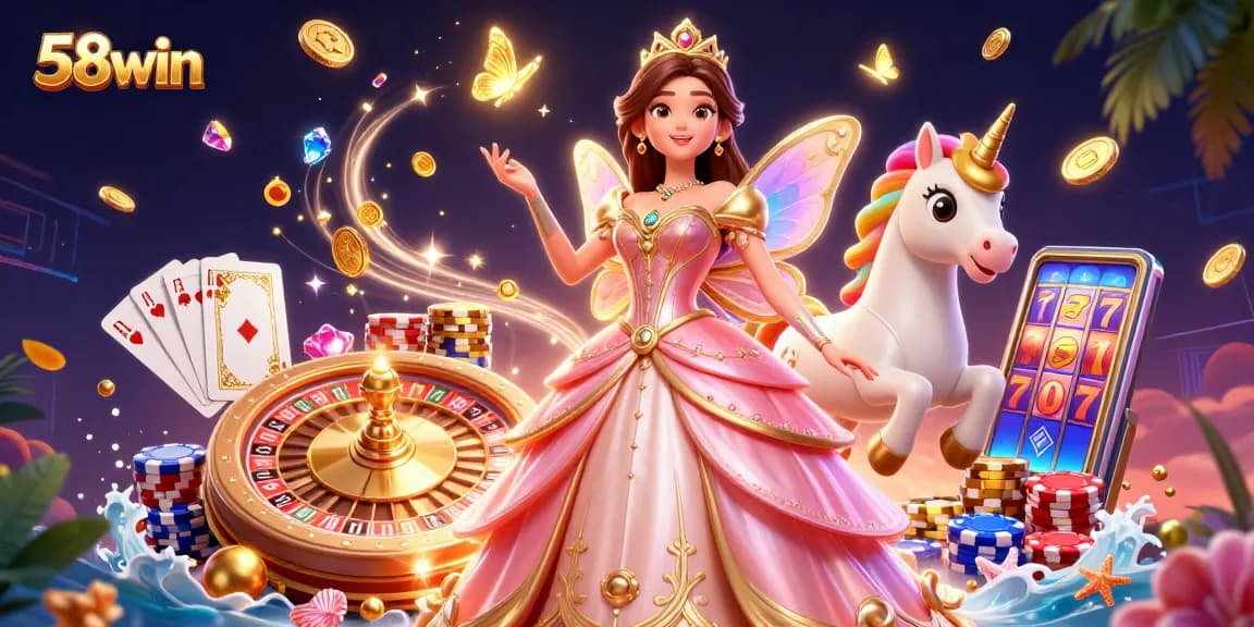 Play slots and win at 58win with vibrant casino-themed 3D illustration of a fairy tale.