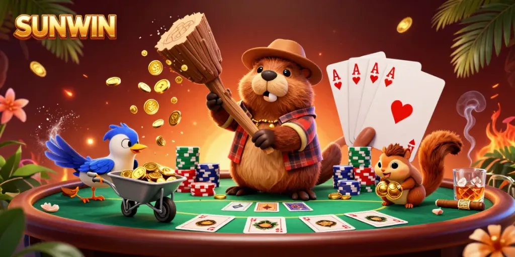 SUNWIN highlights a vibrant casino scene with a beaver, bird, and squirrel collecting golden coins