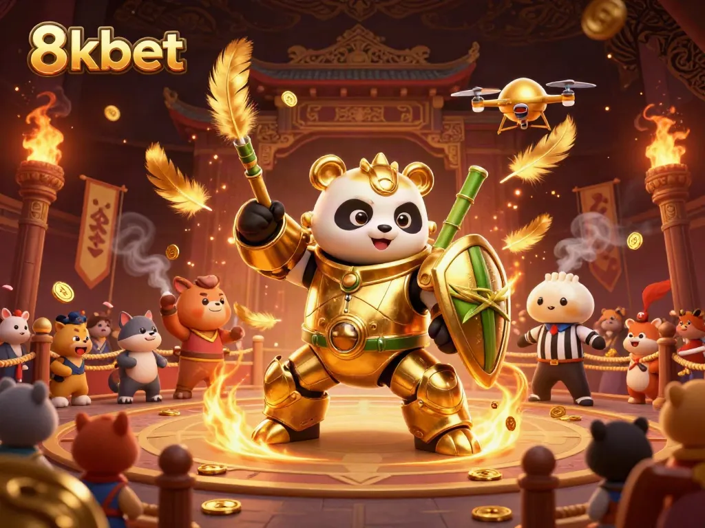 Experience the excitement of 8kbet with a dynamic mech-suit panda in a vibrant casino arena.