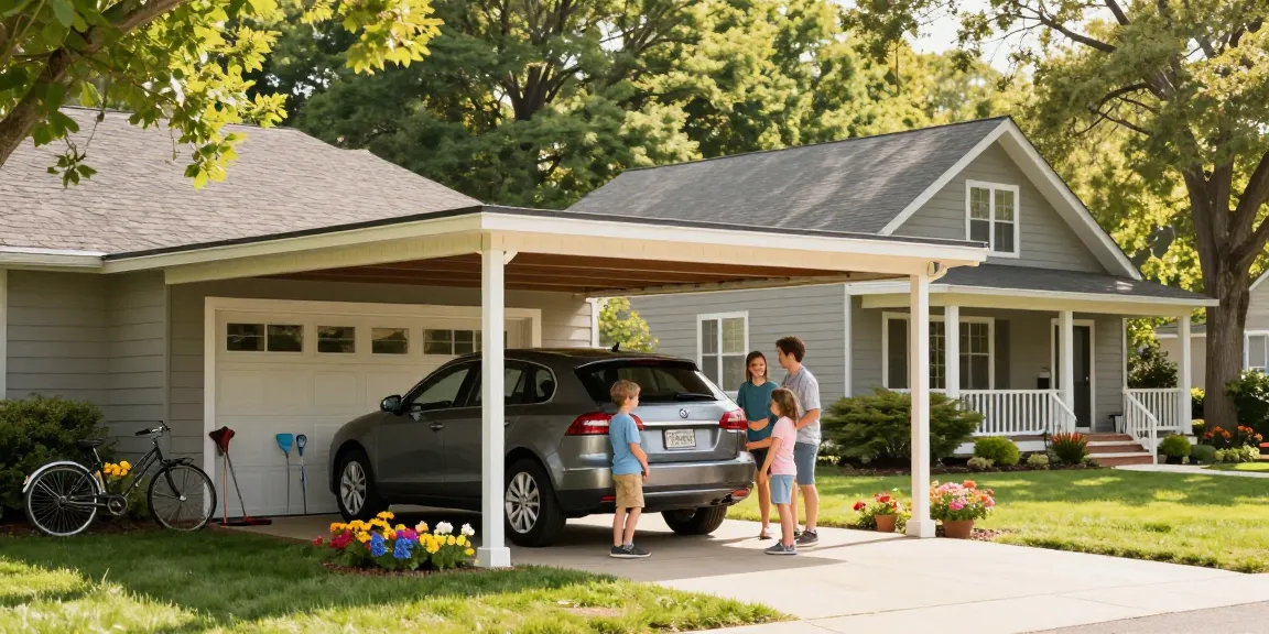 Stylischer Carport in einem Vorstadtgarten mit Familie und Auto.