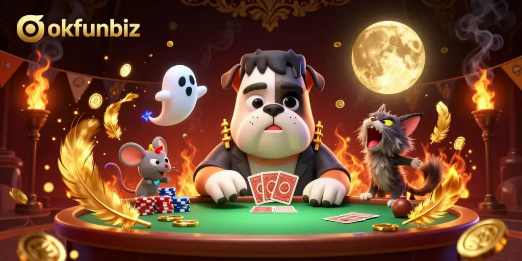 Engage in thrilling card games at okfunbiz with a lively illustration featuring unique characters.