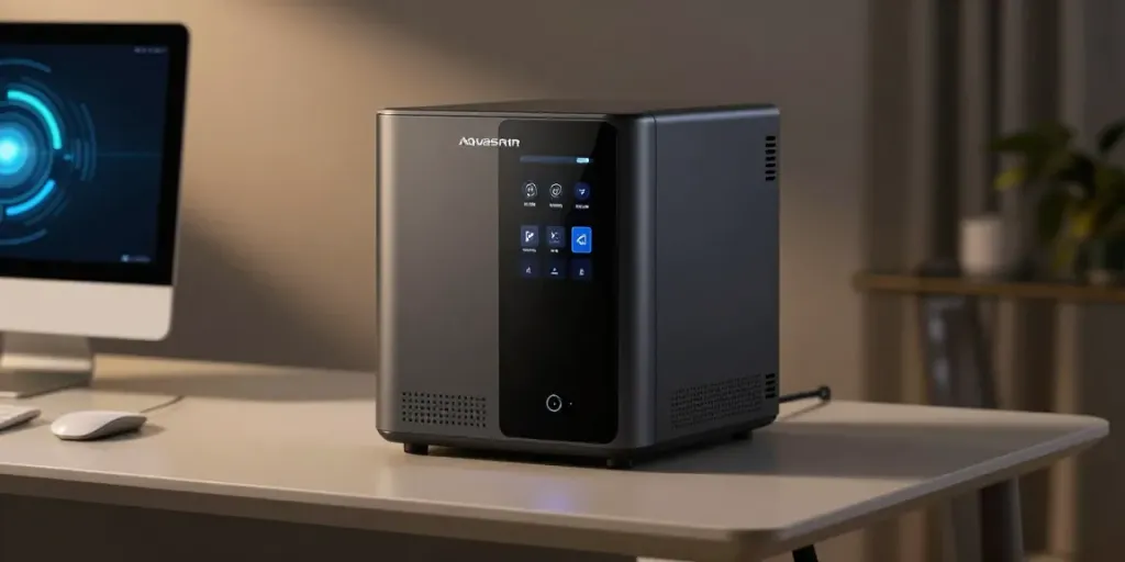 Entkalkungsanlage Aquasain für moderne Wasserenthärtungstechnologien und Softwarelösungen in einem eleganten Arbeitsumfeld.