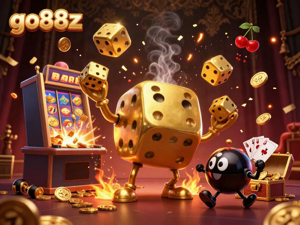 Experience winning thrills with go88z as golden dice juggle casino treasures in an exciting 3D illustration.