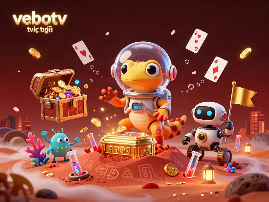 Experience vebotv trực tiếp with a Martian gecko exploring a golden casino in vivid detail.