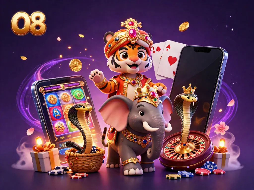 Win big with O8's vibrant casino scene featuring a jewel-encrusted elephant, tiger, and dynamic game elements.