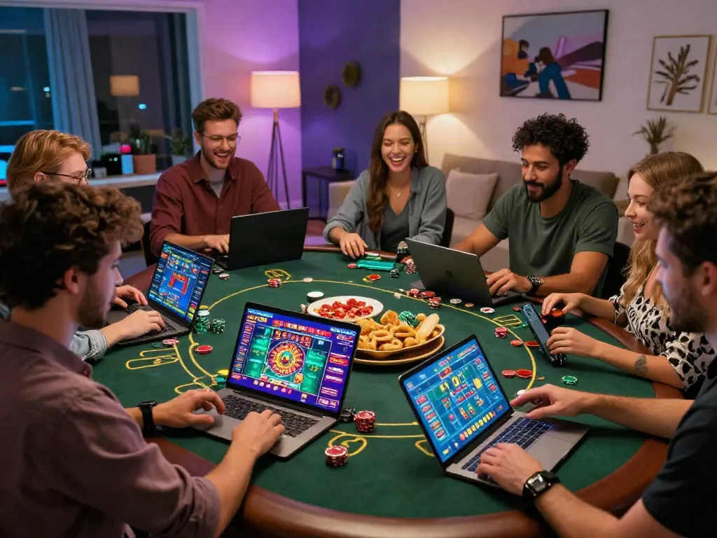 Freunde spielen auf Casino-Seiten, die itsme in einem lebhaften Wohnzimmer nutzen.