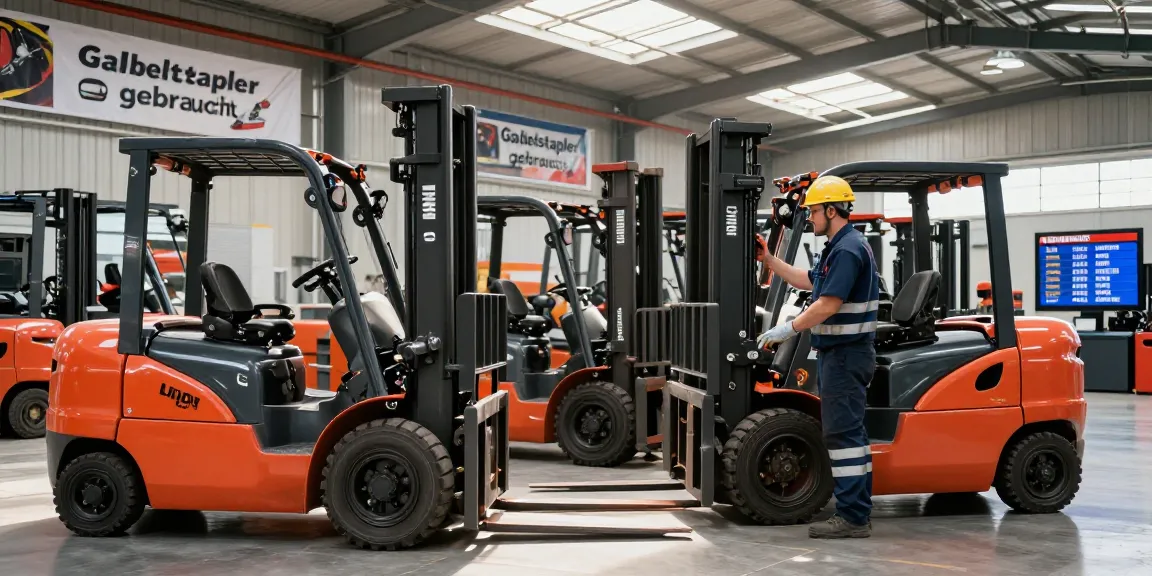 Bediener inspiziert gebrauchte Gabelstapler in einem gut beleuchteten Industriegebäude