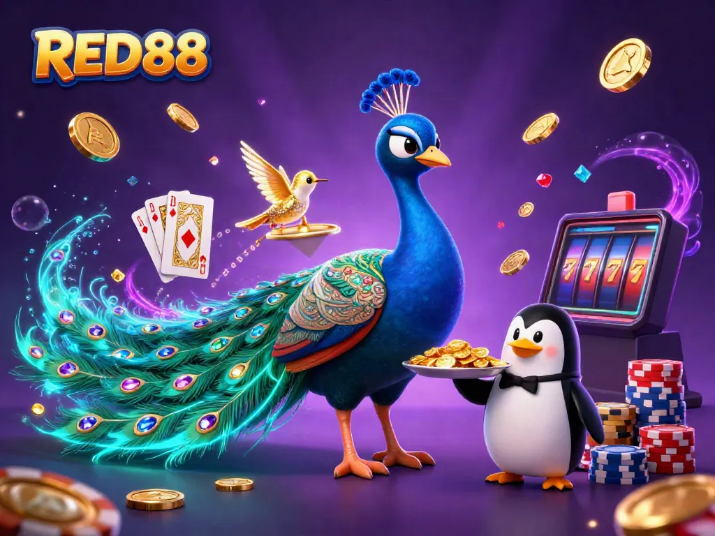 Experience the excitement of RED88 with a peacock, penguin and hummingbird amidst dazzling casino elements.