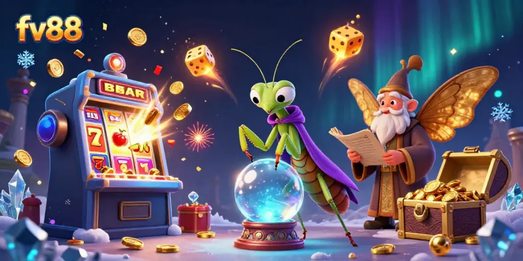 Engage with fv88's vibrant casino world featuring a fortune teller and mystical elements.