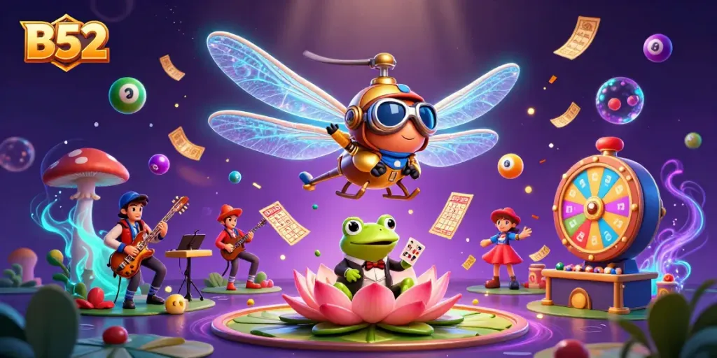 Experience the vibrant world of B52 casino with a dynamic scene featuring a dragonfly pilot, frog croupier, and jazz-playing crickets.