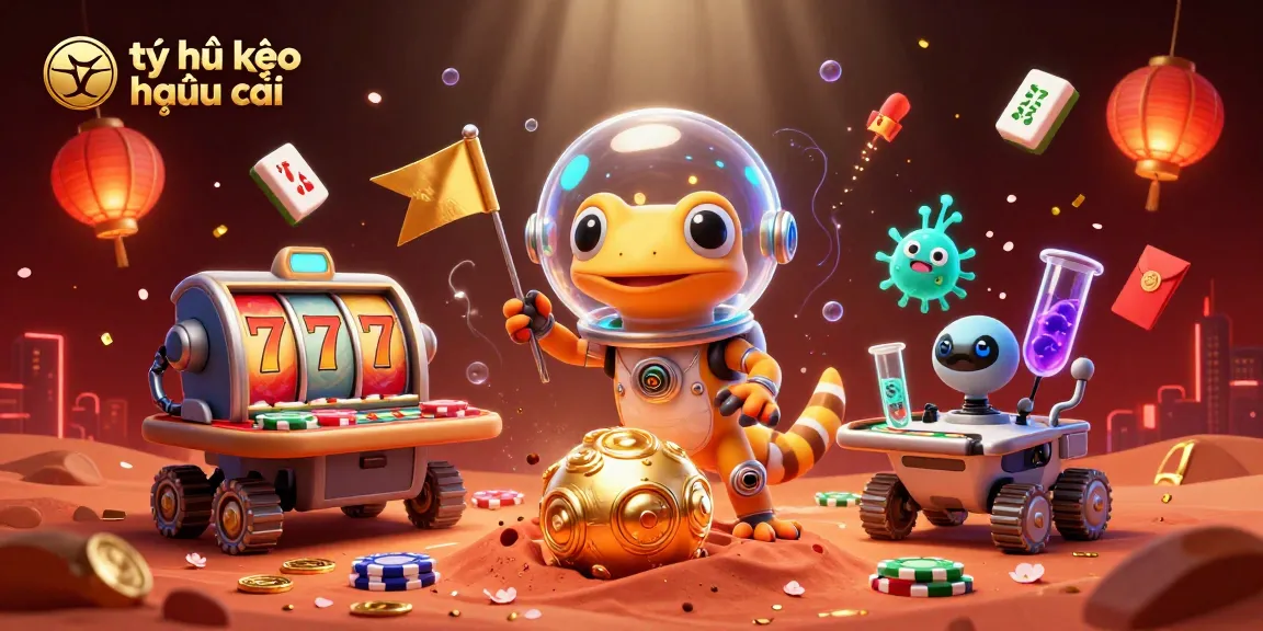 Engage with tỷ lệ kèo nhà cái in a vibrant scene featuring a Martian gecko, poker elements, and dynamic casino graphics.