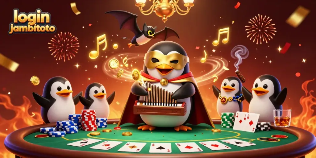 Engage by logging in to Jambitoto with a dynamic gambling scene showcasing coins, cards, and excitement.