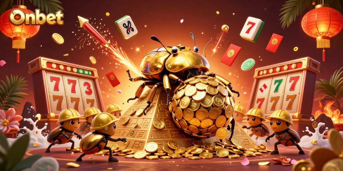 Experience thrilling slot victories with Onbet's vibrant casino scene filled with golden coins and lucky symbols.
