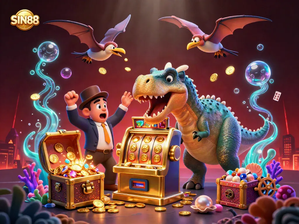 SIN88 casino scene where a cartoon dinosaur celebrates jackpot wins, colorful coins and cards flying around.