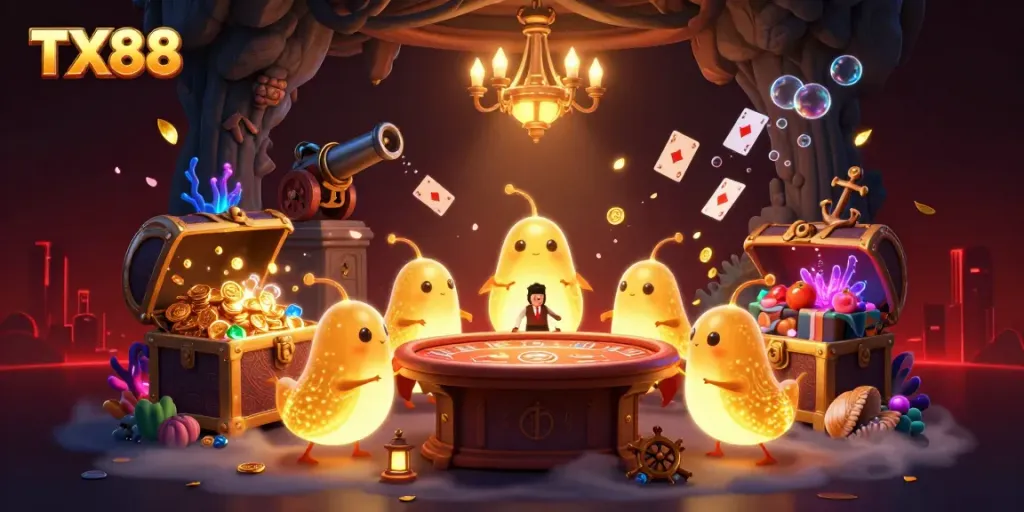 TX88 glows in a vibrant casino scene where animated glowworms light up gaming tables and treasures.