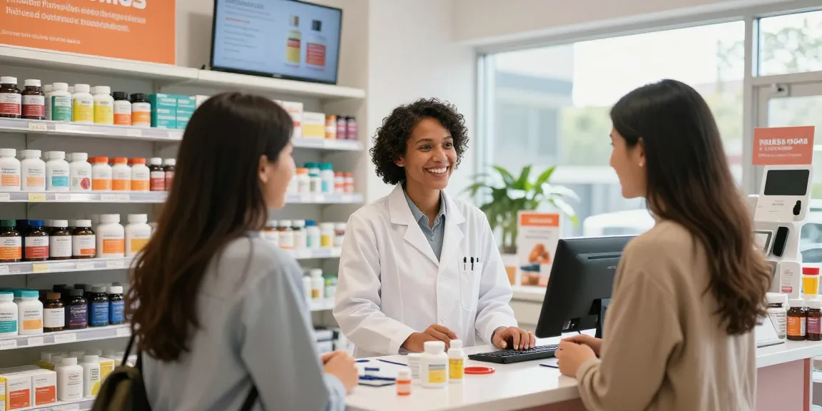 Einkaufserlebnis im Medi Pharma Shop mit Apotheker, der einem Kunden bei Gesundheitsprodukten hilft