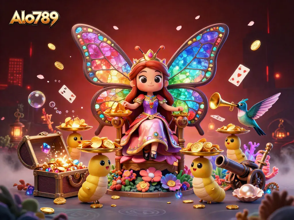 Alo789's vibrant casino illustration with a butterfly queen, gold treasures, and game elements enriching the scene.