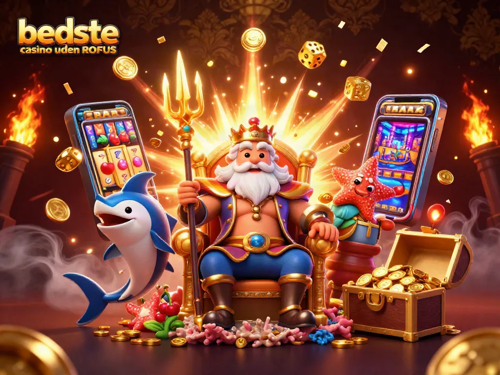 Win at bedste casino uden ROFUS with Neptune and vibrant slot symbols bursting into view.