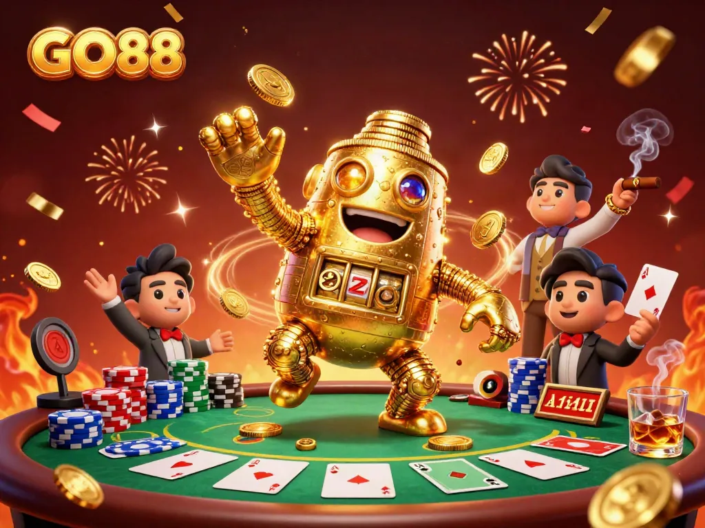 Experience GO88's vibrant casino atmosphere with golden golem amidst poker action.